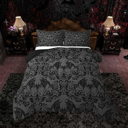 Feelyou Adults Gothic Comforter Set Twin Size Dark Olive Green Damask Comforter Bat Bohemia Boho Bedding Set Goth Duvet Set Vintage Victorian Baroque Floral Quilt Set 2Pcs