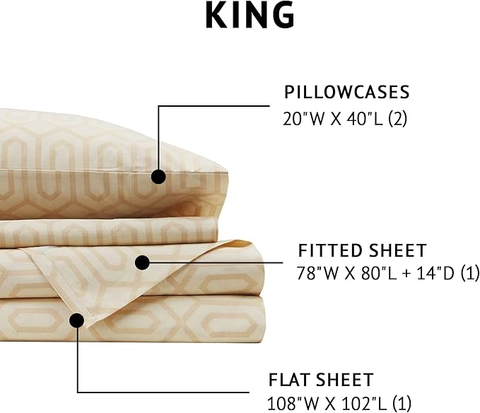 Comfort Spaces 100% Cotton Sheet Set Breathable, Lightweight, Soft with 14" Elastic Pocket Fits up to 16" Mattress, All Season Cozy Bedding, Matching Pillow Case, King Diamond Tan 4 Piece