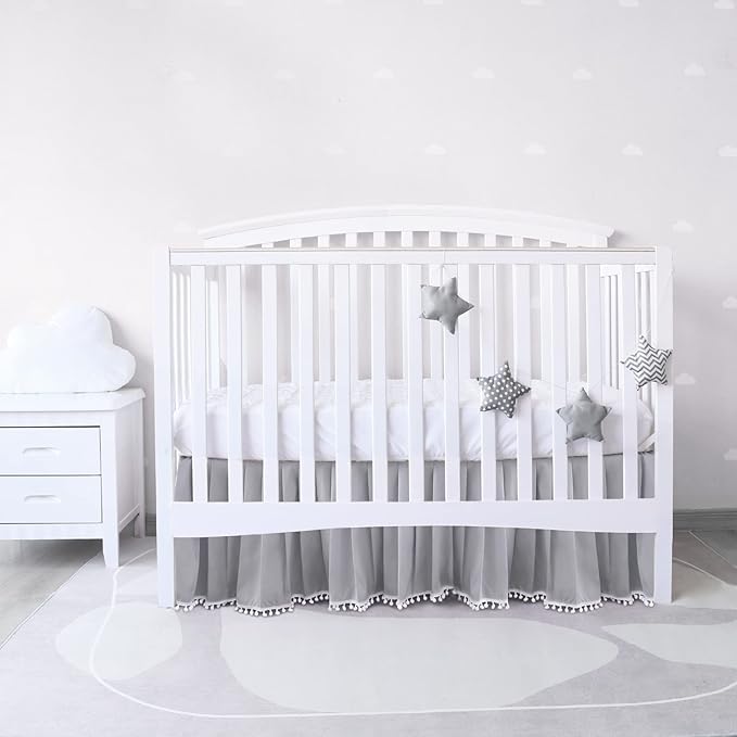 Crib Bed Skirt Grey Pleated with White Lovely Pompoms, Bedding Dust Ruffle for Boys, 14" Drop, Fit All Standard Crib Bed, Machine Wahable Crib Skirt