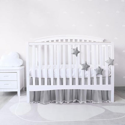 Crib Bed Skirt Grey Pleated with White Lovely Pompoms, Bedding Dust Ruffle for Boys, 14" Drop, Fit All Standard Crib Bed, Machine Wahable Crib Skirt