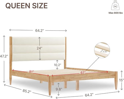 KISLOT Wood Bed Frame with Upholstered Headboard, Cream, Queen | Wooden Platform, Silent Slat Support, Mattress Foundation, No Box Spring Needed, Easy Assembly