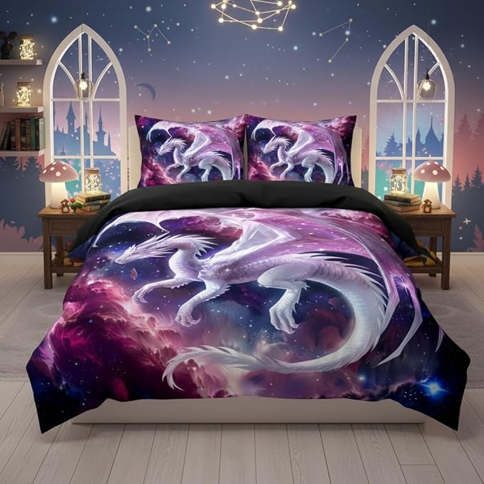 Kids Pink Dragon Comforter Set Full Size Castle Fairy Tale Bedding Set with Galaxy Outer Space Universe for Girls Teens 3 Pcs 3D Animals Quilt Set, 79"x90"