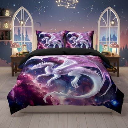 Kids Pink Dragon Comforter Set Full Size Castle Fairy Tale Bedding Set with Galaxy Outer Space Universe for Girls Teens 3 Pcs 3D Animals Quilt Set, 79"x90"