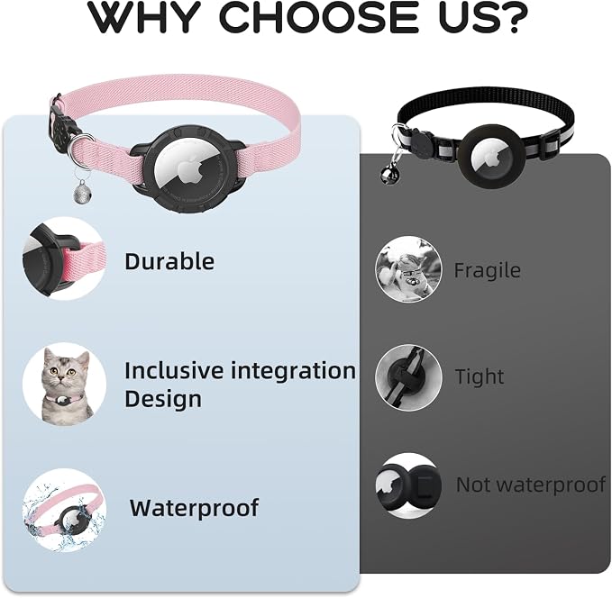 AirTag Cat Collars, Stretchy Collar with Apple Air Tag Holder and Bell | Breakaway - Ultra Design Elastic - GPS Tracking Collars - Adjustable Size for Cats & Puppies 7.5-12.5" - (Pink)