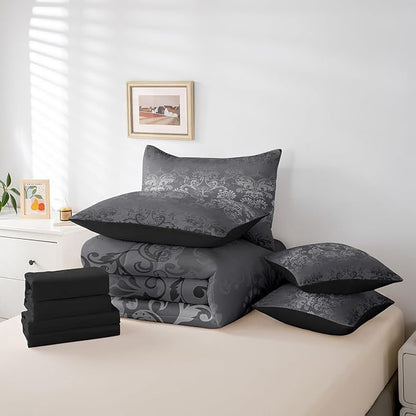 Erosebridal Gothic Damask Bed in a Bag King Size Comforter Set 7 Pieces,Sun Moon Tree of Life Bedding Sets Silver Gray Victorian Floral Goth Sheet Set with Comforter
