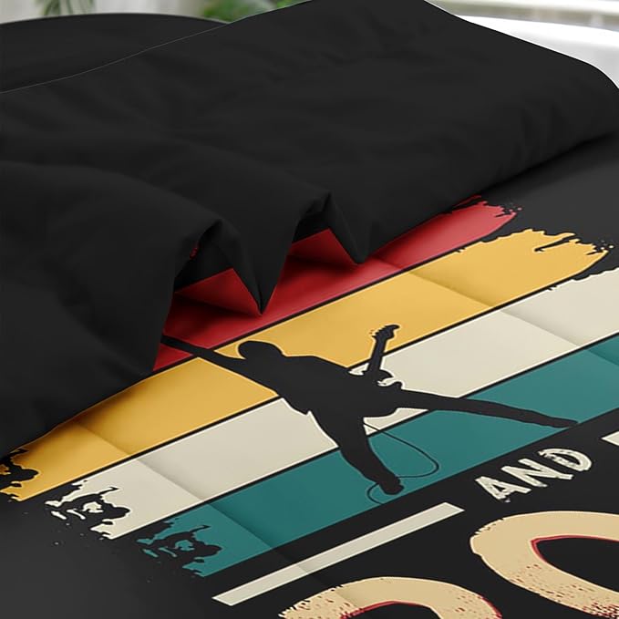 Comforter Set Queen Size, Rock Roll Music Vintage 7 Pcs Bedding for Kids and Adults, Retro Guitar Disco Bed Sheet Sets with Fitted Sheet 2 Pillowcases & 2 Shams for Bedroom Bed Decor