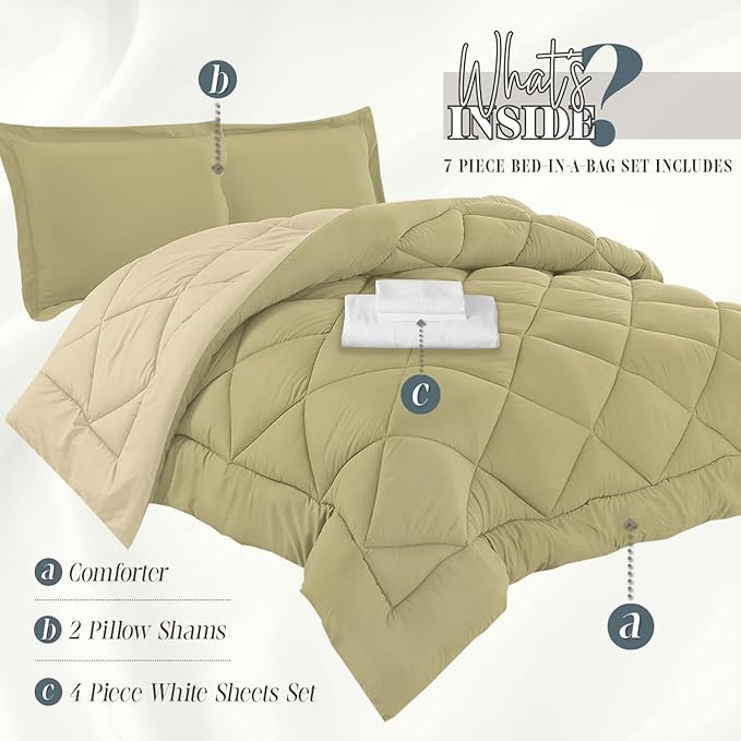 Elegant Comfort 7-Piece Twin Size Bed-in-a-Bag - Luxury 1500 Thread Count Comforter & Sheet Set, Super Cozy, Wrinkle and Stain Resistant, Sage/Cream
