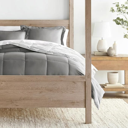 LINENS & HUTCH Comforter Set Patterned Microfiber All Season Down-Alternative Ultra Soft Bedding in Textured Stripe - King/Cal-King Textured Stripe Gray