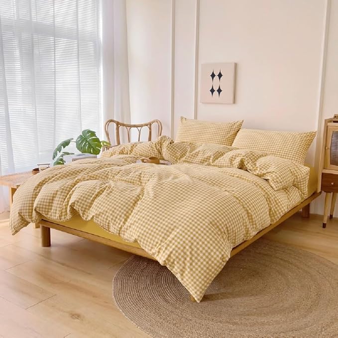 LifeTB Twin XL Comforter Set 3 Pieces Yellow Gingham Comforter Set Geometric Checkered Plaid Printed Bedding Comforter for All Seasons Fluffy Soft Lightweight Gingham Plaid Bedding Set Twin XL