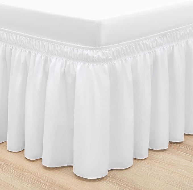 RIMELA White Bed Skirt King Size 18 Inch Drop, Elastic Bed Skirting for Bed Base and Frame, Bedding Dust Ruffle Easy to Install, Lightweight Wrap Around Adjustable Bedskirt