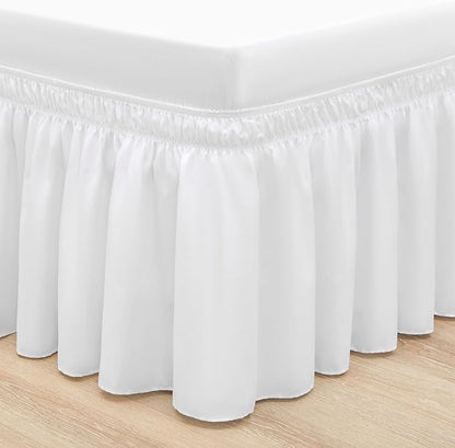 RIMELA White Bed Skirt Full Size 12 Inch Drop, Elastic Bed Skirting for Bed Base and Frame, Bedding Dust Ruffle Easy to Install, Lightweight Wrap Around Adjustable Bedskirt