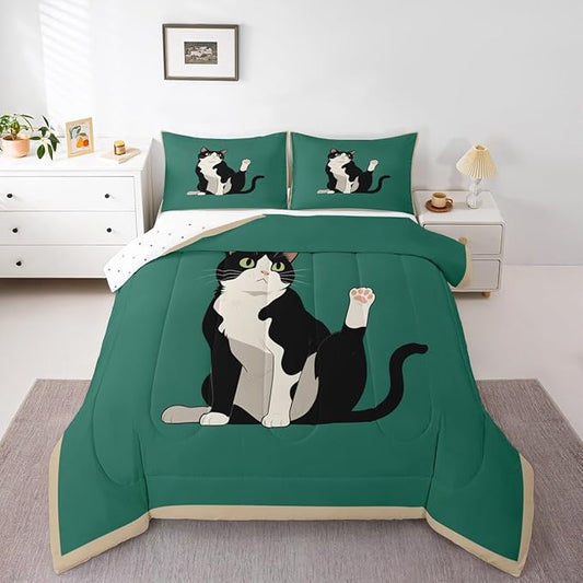 Erosebridal Kitten Quilt Insert Queen Size Cartoon Cat Bedding Set for Kids Boys Girls Retro Kawaii Cute Green Black Comforter Warm Soft Comforter Set