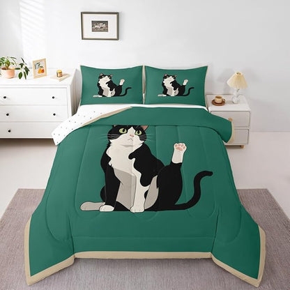 Erosebridal Kitten Quilt Insert Twin Size Cartoon Cat Bedding Set for Kids Boys Girls Retro Kawaii Cute Green Black Comforter Warm Soft Comforter Set