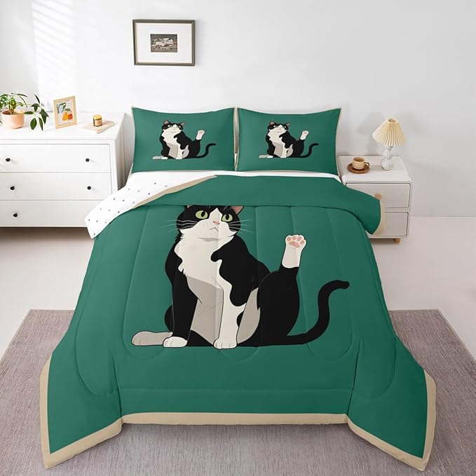Erosebridal Kitten Quilt Insert Toddler Size Cartoon Cat Bedding Set for Kids Boys Girls Retro Kawaii Cute Green Black Comforter Warm Soft Comforter Set