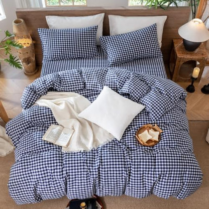 MooMee Gingham Duvet Cover Set 100% Washed Cotton Linen Like