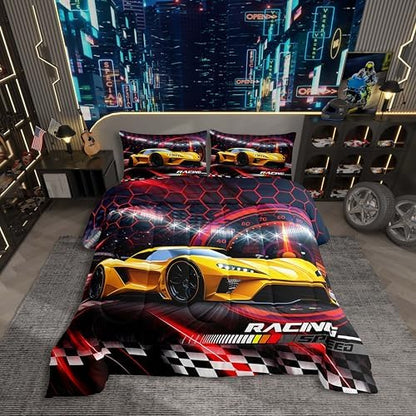 Toddler Race Car Bed for Boys,Red Black Honeycomb Twin Size Bedding Set Racing Speed Sports Racing Car Comforter Set,Black And White Grid Buffalo Plaid Lattice Quilt Geometric Hexagon Room Decor