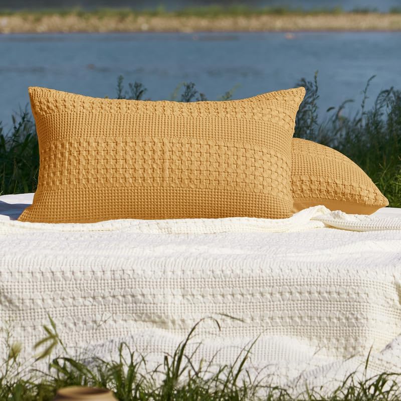 PHF Cotton Waffle Pillow Shams Queen 20" x 30", Pumpkin Orange, No Insert