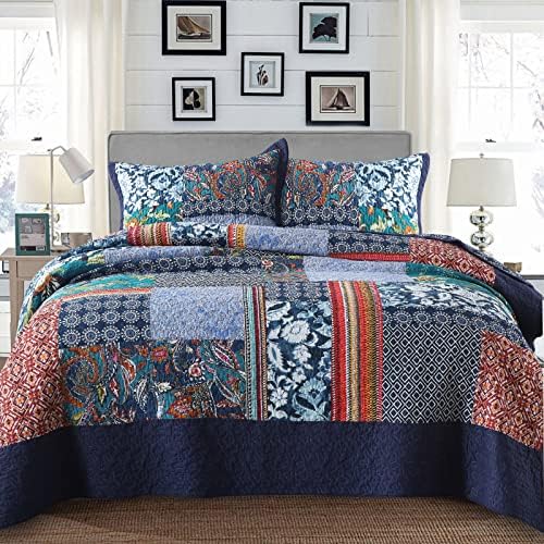 Yvooxny California King Quilt Set Reversible Lightweight Bohemian Paisley Patchwork Cotton Quilted Bedspread Coverlet Set 3-Piece Quilt Set with Pillowcases for All Seasons, 118 x 110 Inches