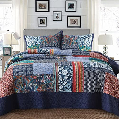 Yvooxny California King Quilt Set Reversible Lightweight Bohemian Paisley Patchwork Cotton Quilted Bedspread Coverlet Set 3-Piece Quilt Set with Pillowcases for All Seasons, 118 x 110 Inches