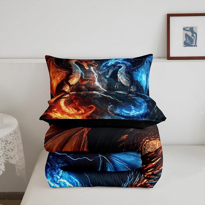 Feelyou Dragon Comforter Set Toddler Size Dragon Stuff Comforter Wild Life Bedding Set Thunder and Lightning Duvet Set Room Decor Blue Orange Quilt Set