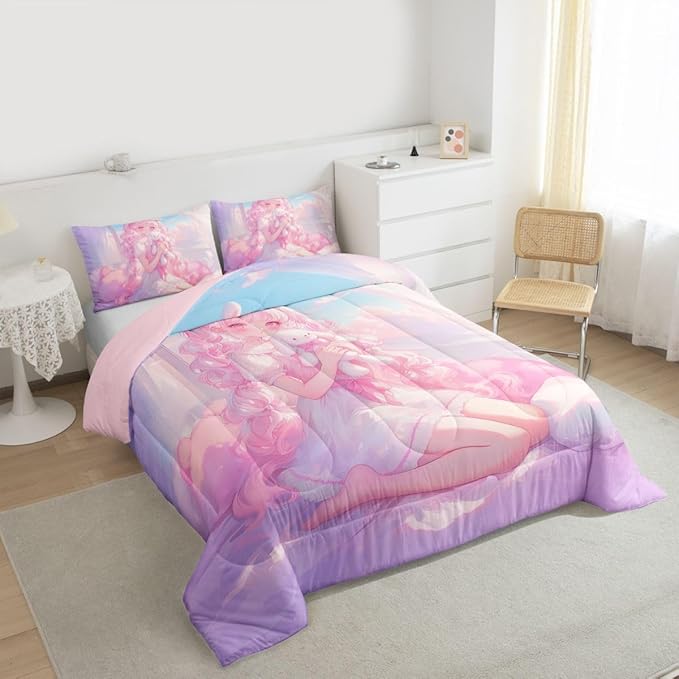 Erosebridal 3D Japanese Girl Bedding Sets Queen - Romance Style Comforter Set for Kids Adults Japanese Anime Girly Duvet Insert Anime Gifts Quilt