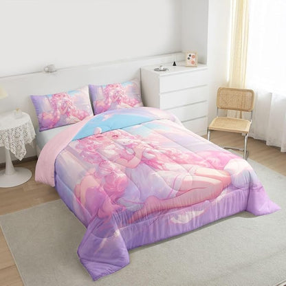Erosebridal 3D Japanese Girl Bedding Sets Queen - Romance Style Comforter Set for Kids Adults Japanese Anime Girly Duvet Insert Anime Gifts Quilt