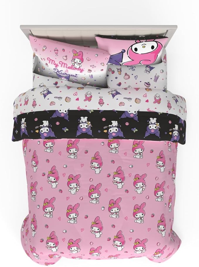 Sanrio Kuromi & My Melody Bedding 7 Piece Super Soft Cozy Reversible Comforter and Sheet Set with Sham, Queen, (100% Official Licensed Product) By Franco