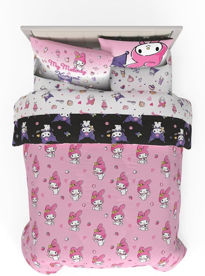 Sanrio Kuromi & My Melody Bedding 7 Piece Super Soft Cozy Reversible Comforter and Sheet Set with Sham, Queen, (100% Official Licensed Product) By Franco