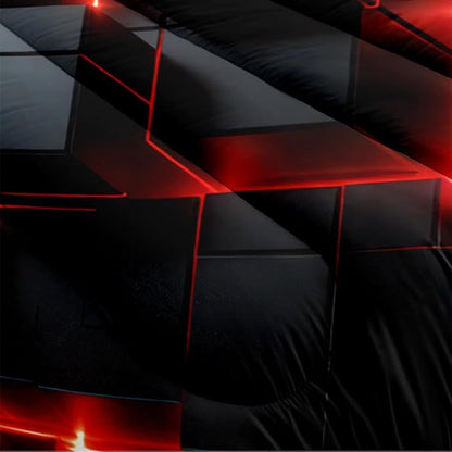 Red Black Geometric Comforter Set King Size 3D Stereoscopic Square Bedding Set Glowing Neon Geometry Bedding Sets 3 Piece Soft Microfiber Down Alternative Comforter Sets for All Season