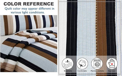 Cozy Line Home Fashions Sailor Navy Blue Star Striped Print Cotton Reversible Bedding Quilt Set (Nathan Stripe, King)