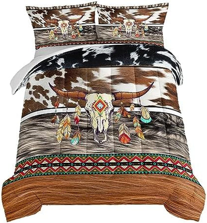 HOSIMA Western Bedding Longhorn Skull Queen Comforter Set 3 Pieces,Western Highland Cowhide Print Bedding for Boys Teens Soft Microfiber Fluffy Comforter Farmhouse Style Room Decor Aesthetic.
