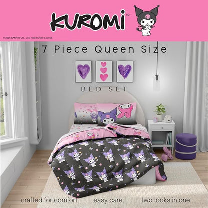 Sanrio Kuromi & My Melody Bedding 7 Piece Super Soft Cozy Reversible Comforter and Sheet Set with Sham, Queen, (100% Official Licensed Product) By Franco