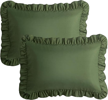 KKJIAF Ruffle Pillow Cases Standard Size Set of 2, Ruffled Pillow Covers with Envelope Closure, Wrinkle Resistant Pillowcases 20" x 26", Ruffled Pillow Shams, Olive Green