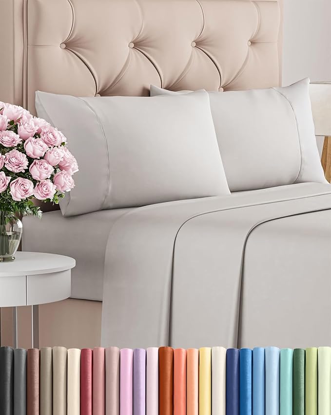Twin XL 4 Piece Sheet Set - Comfy Breathable & Cooling - Soft Hotel Luxury Bedding Set with 8-16 Inch Deep Pockets - 1 Flat & 1 Fitted Sheet & 2 Pillowcases - Wrinkle Free & Easy Care - French Grey