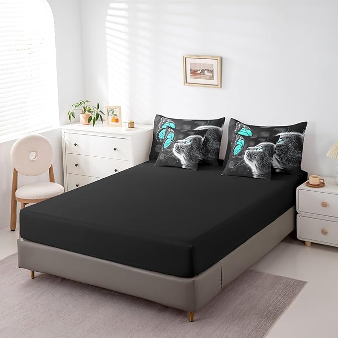 Feelyou Cute Cat Comforter Set 7 Pieces King Size Butterfly Bedding Set for Boys Girls Kawaii Pet Kitten Bed in a Bag with Comforter, Sheets, Pillowcases & Cushion Covers