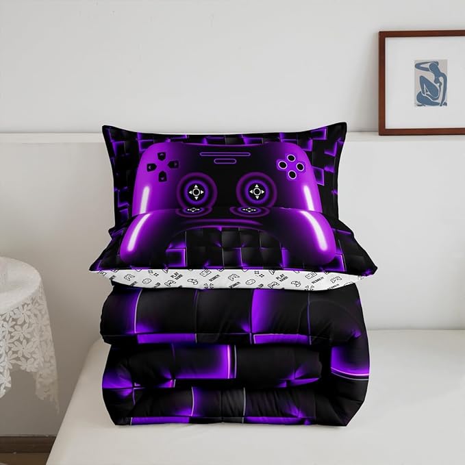 Gaming Twin Size Bedding Sets For Kids Boys Teen Girls Game Controller Comforter Set 2Pcs Gamer Bedding For All Season,Purple And Black Geometric Checkered Quilt Set For Young Men,Soft Lightweight