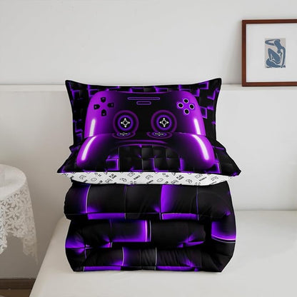 Gaming Full Size Bedding Sets For Kids Boys Teen Girls Game Controller Comforter Set 3Pcs Gamer Bedding For All Season,Purple And Black Geometric Checkered Quilt Set For Young Men,Soft Lightweight
