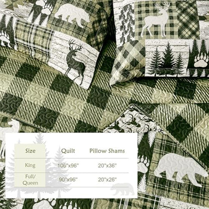 3 Piece Cabin King Size Quilt Sets Farmhouse Rustic Reversible Microfiber Soft Lightweight Bedspread Comforter with 2 Shams Patchwork Country Lodge Bedding Quilts Set for All Season, 106''x96'', Green