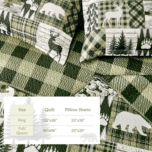3 Piece Cabin Full/Queen Quilt Sets Farmhouse Rustic Reversible Microfiber Soft Lightweight Bedspread Comforter with 2 Shams Patchwork Country Lodge Bedding Quilts Set for All Season, 90''x96'', Green
