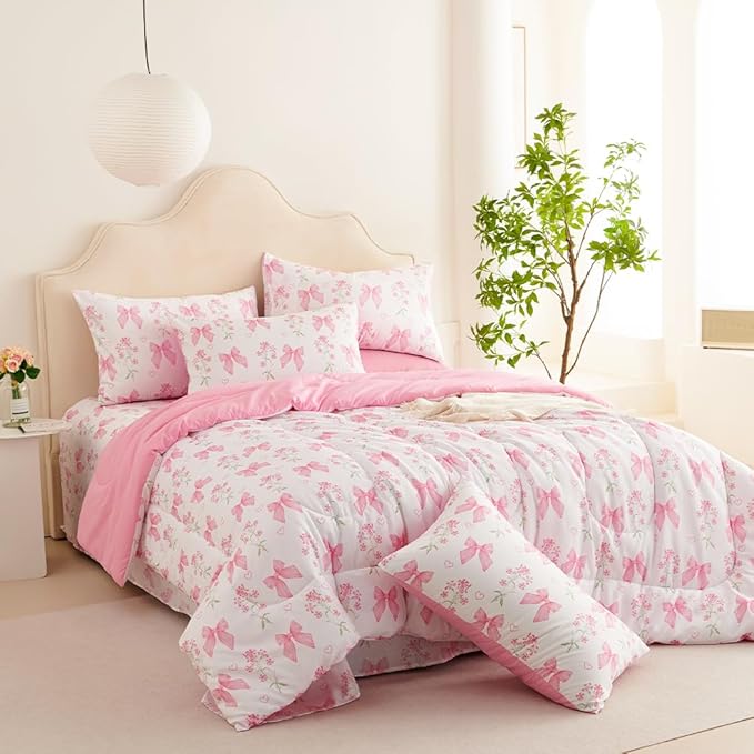 Pink Bow Comforter Set Twin Size Pink Floral Comforter for Girls Kids Romantic Princess Style Bowknot Bedding Set Ultra Soft Reversible Garden Flower Comforter Sets with 1 Pillowcase 2Pcs