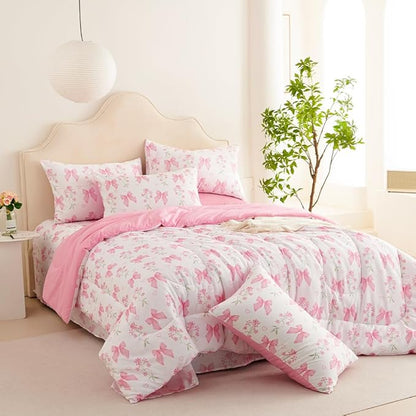 Pink Bow Comforter Set Twin Size Pink Floral Comforter for Girls Kids Romantic Princess Style Bowknot Bedding Set Ultra Soft Reversible Garden Flower Comforter Sets with 1 Pillowcase 2Pcs