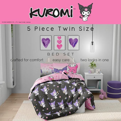 Sanrio Kuromi & My Melody Bedding 5 Piece Super Soft Cozy Reversible Comforter and Sheet Set with Sham, Twin, (Officially Licensed Product) by Franco