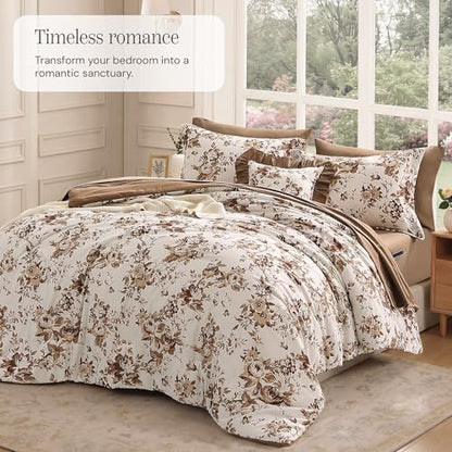 BLOOMHAVEN Queen Comforter Set-7 Pieces Brown Floral Bed in a Bag Queen