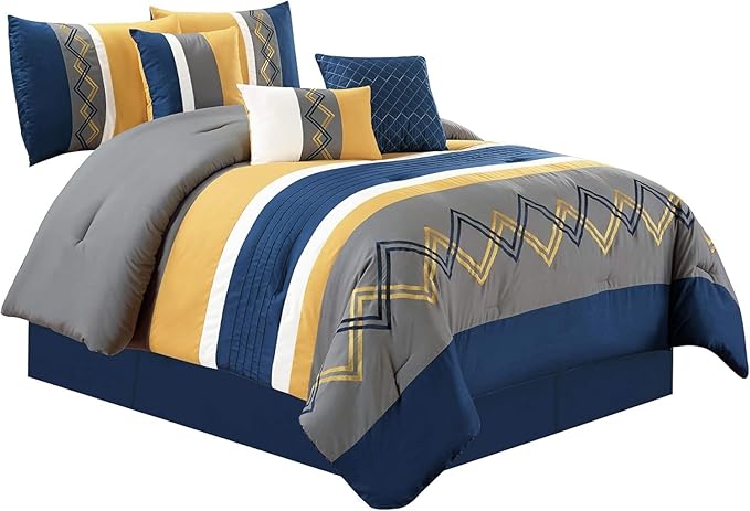 Chezmoi Collection Arden 7-Piece Modern Pleated Stripe Embroidered Zigzag Bedding Comforter Set (Oversized King, Navy/Gray/Yellow/White)