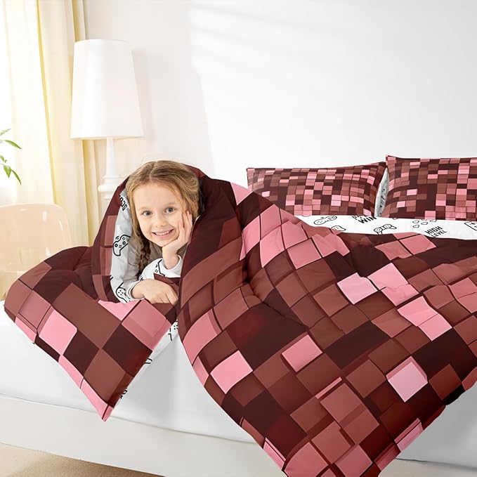 Miners Pixel Checked Kids Bedding Set King Size,Video Games Check Lattice Comforter Set，Game Cartoon Gamepad Quilt Comforter,Dark Red Bedroom Duvet Insert,2 Pillowcases