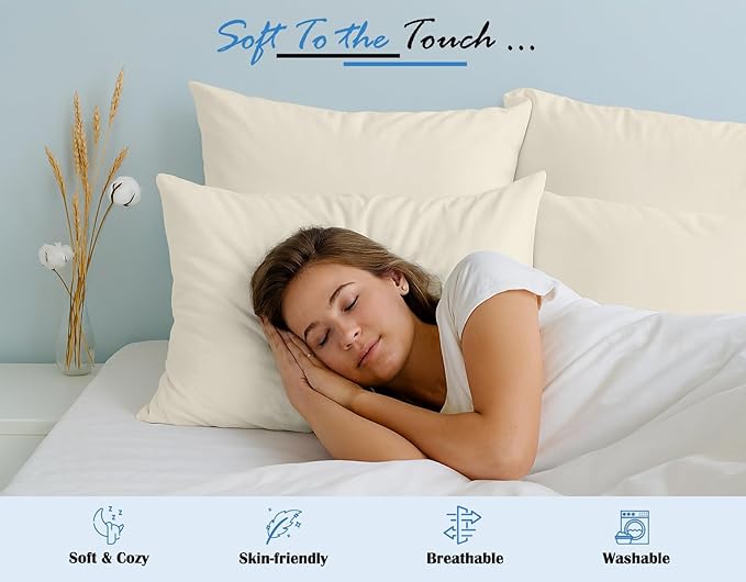 Comfort Beddings Standard Pillowcases Set of 4 – 100% Organic Cotton, 600 Thread Count Sateen, Soft & Comfy Pillow Covers with Envelope Closure, Ivory, Standard Size 20 x 26 Inches