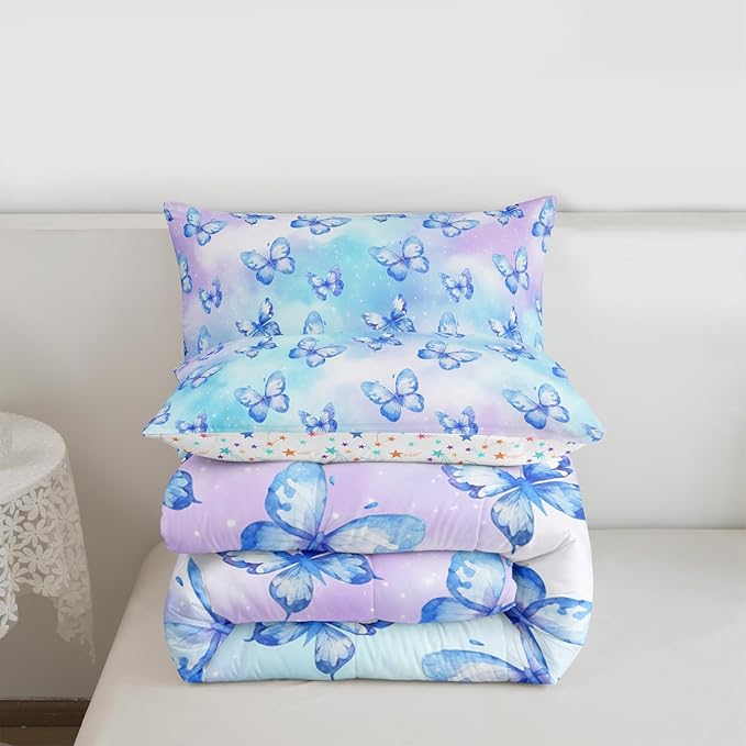 Erosebridal Pink Blue Butterfly Bedding King,Watercolor 3D Printed Comforter Set Purple Colorful Rainbow Bed Sets Fantasy Dreamy Princess Duvet Insert 3 Pieces