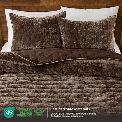 WDCOZY Cloud Soft King Size Quilt Set, Chocolate Brown Chenille Velvet