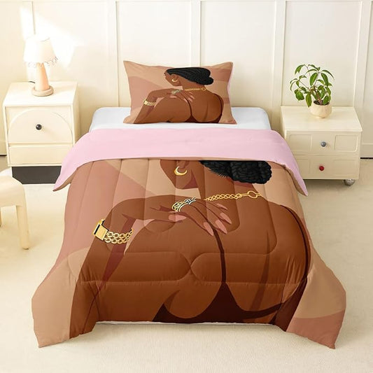 Erosebridal Fashion Black Woman Comforter Set Twin Size 2 Piece Romantic Makeup Themed Girls Bedding Set Fashionable Gorgeous Down Comforter Vogue Afro Girls Duvet Insert for Kids Teens Adult Bedroom