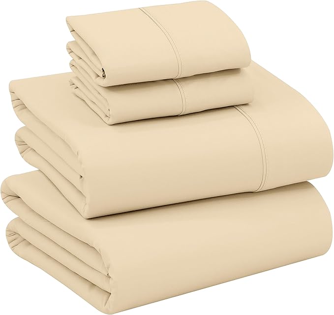 RUVANTI 100% Cotton Sheets – Full Size Percale Bedding, Cooling & Breathable, Durable with a Crisp, Soft & Comfortable Feel, 16" Deep Pocket, 4-Piece Set, Beige